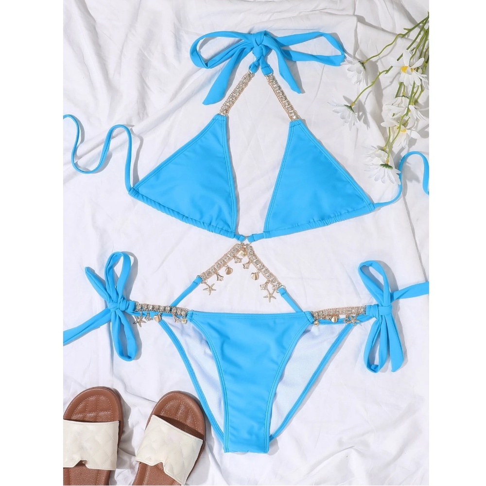 Rhinestone Embellished Bikini Swimsuit Blue - Picture 4 of 9